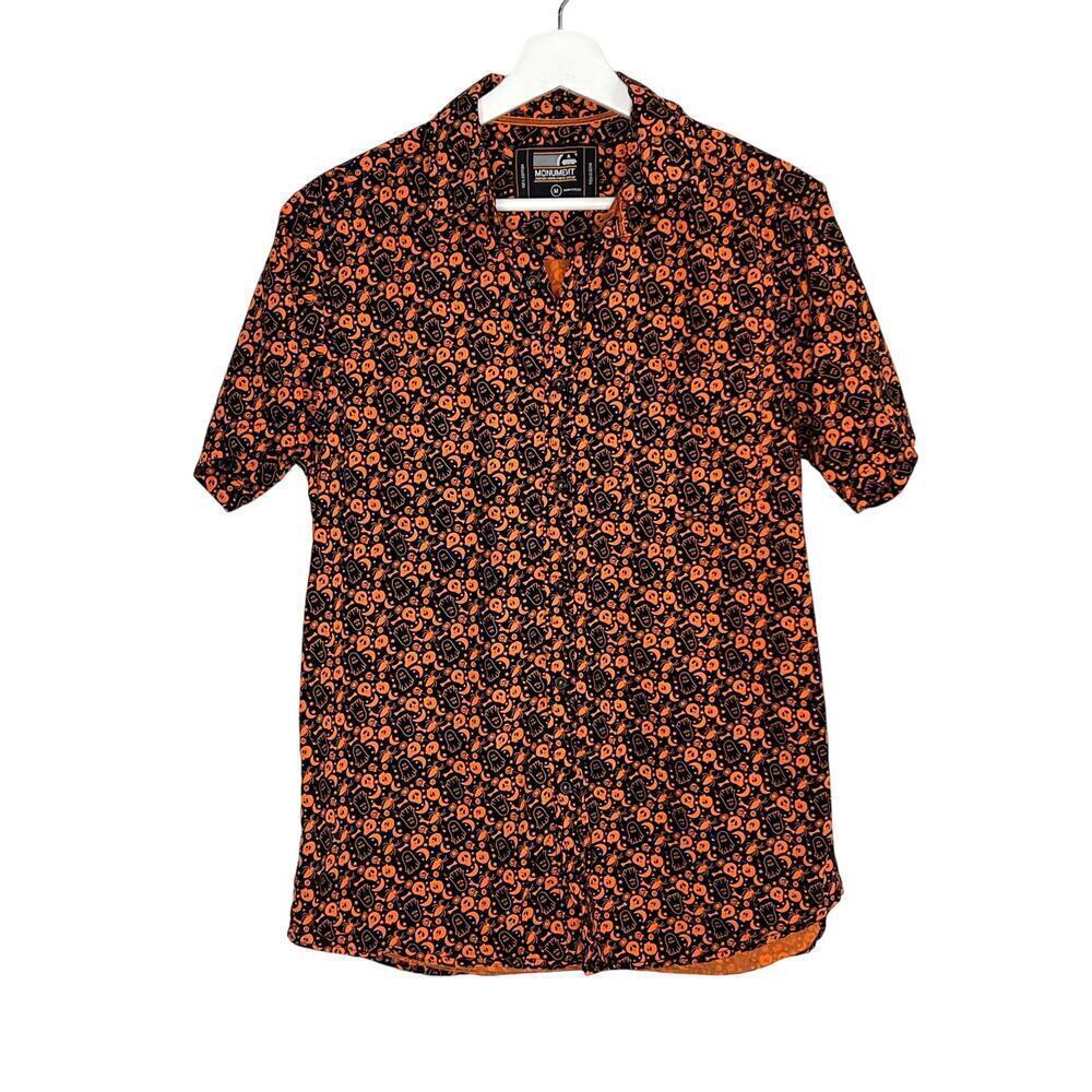 Monument 100% Cotton Halloween Short Sleeve Button-Up Shirt Black/Orange Medium